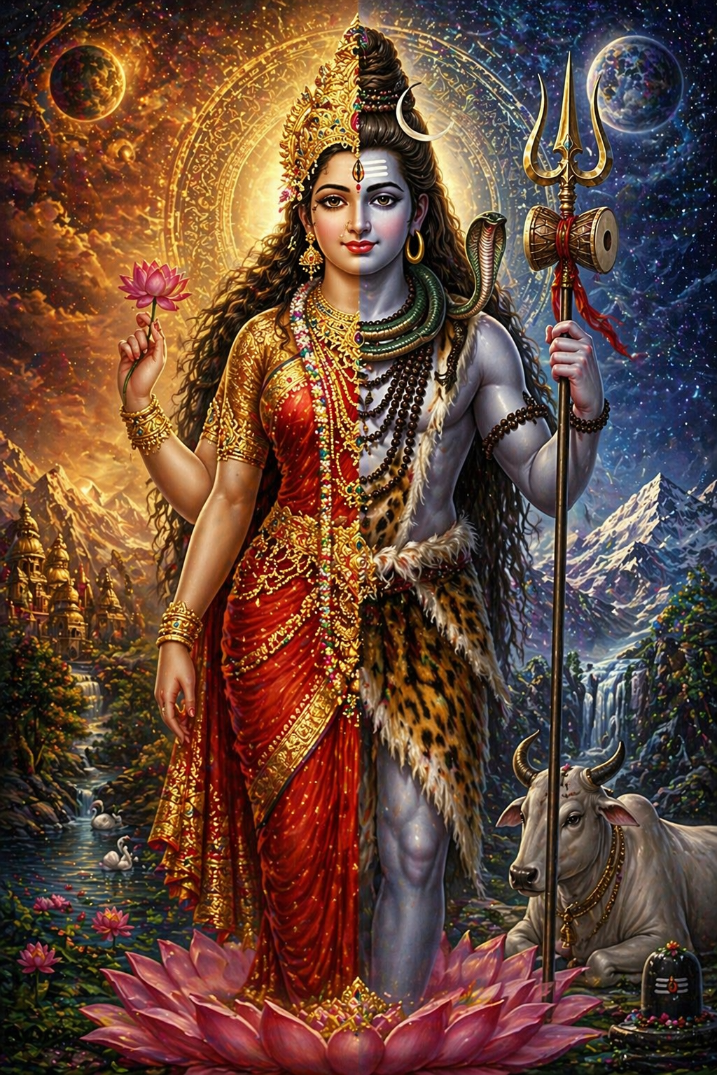Ardhanarishvara Shiva Parvati combined form cosmic backdrop lotus sun moon trishul red sari HD wallpaper